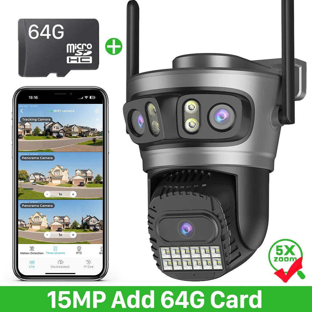 15MP 8K Wifi Camera Outdoor Three Lens Three Screens HD Wifi Security Camera Ai Human Detection PTZ 4K Home Surveillance Camera