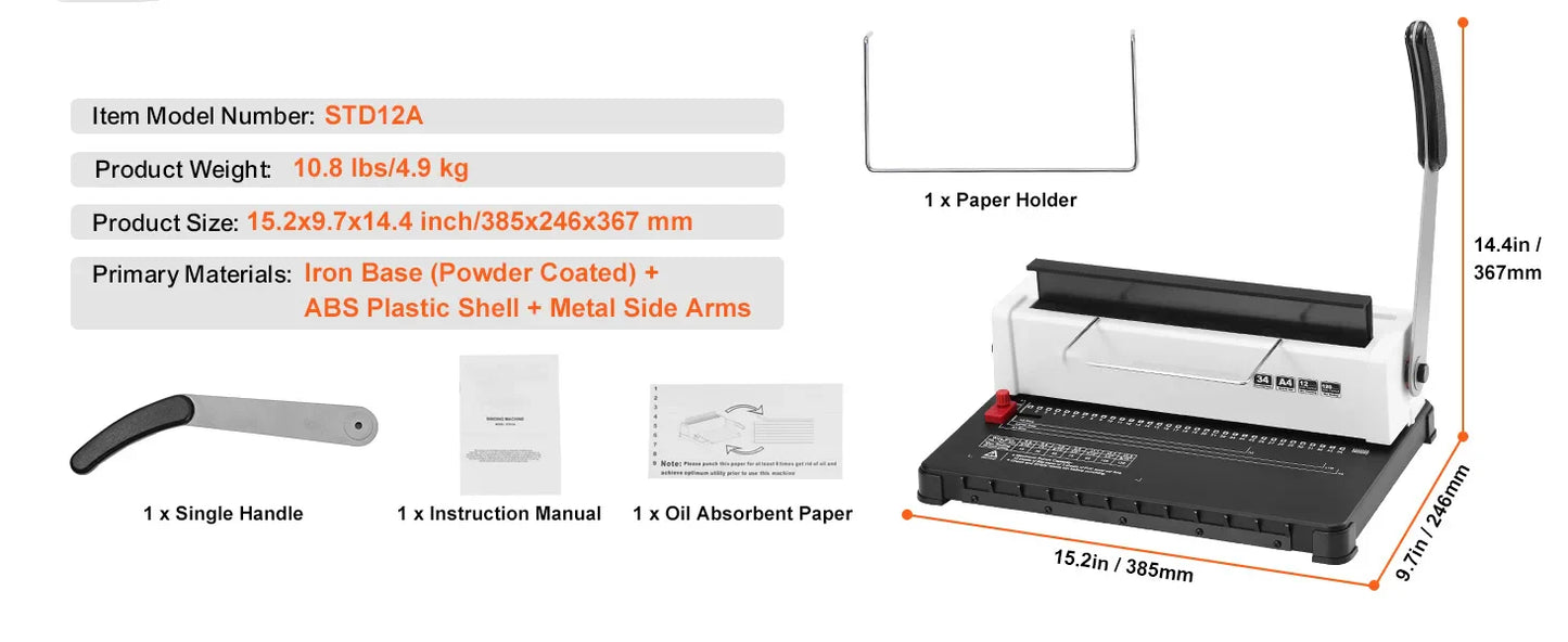 SucceBuy Coil Spiral Binding Machine Manual Book Maker 34-Holes Binding 120 Sheets Punch Binder Adjustable Coil Binding Spines