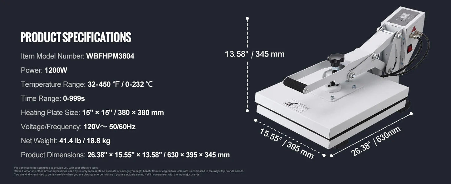 VEVOR Heat Press Machine 15" x 15" / 16" x 20" / 16" x 24" Sublimation Printer Manual Clamshell Transfer on DIY T-shirt Pillow