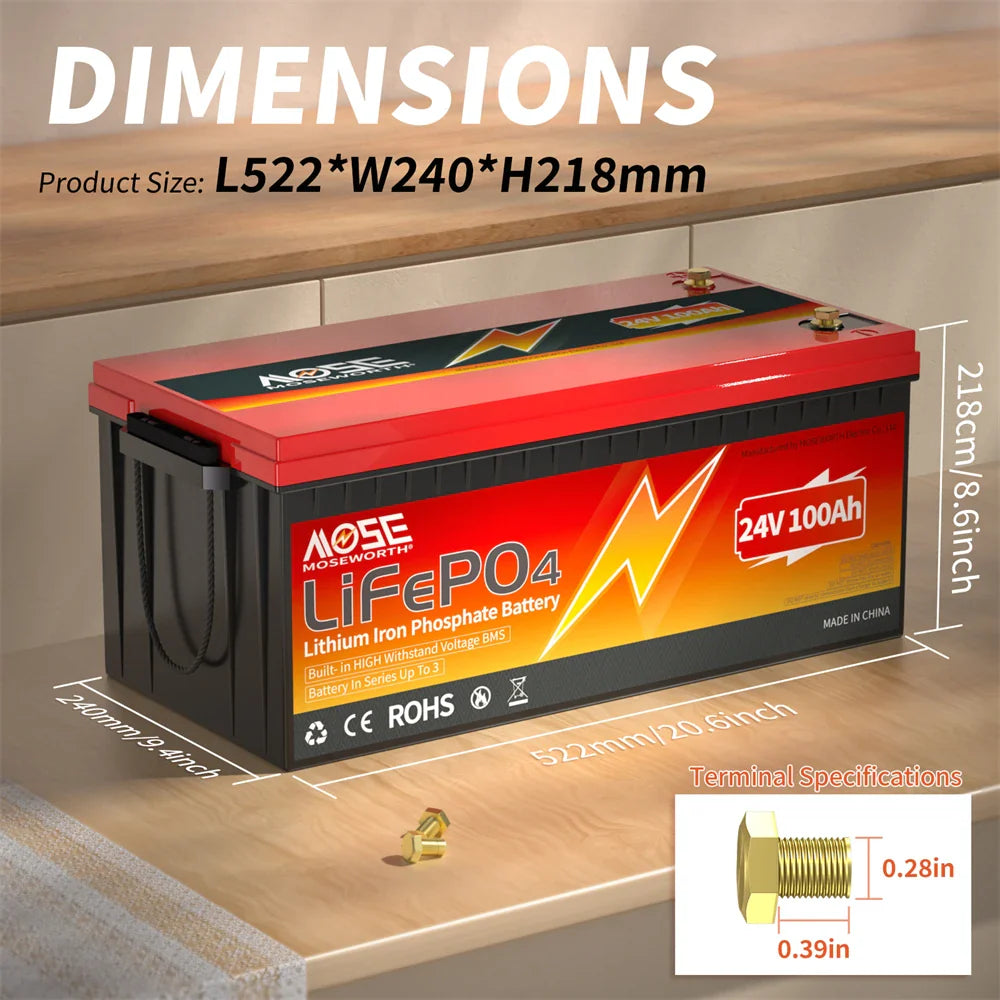 MOSEWORTH 24V 100Ah LiFePO4 Lithium Battery with 100A BMS 8000+ Deep Cycles Rechargeable Batteries for Campers Trolling Motor