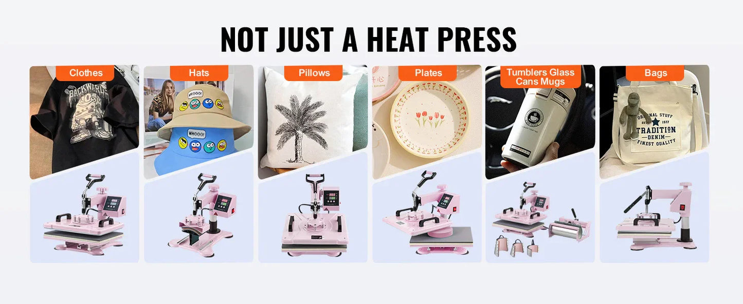 SucceBuy Heat Press Machine 12x15 inch 8 in 1 Heat Transfer Machine 360° Swing Away T-Shirt for T-Shirts/Mugs/Hats/Plates Pink