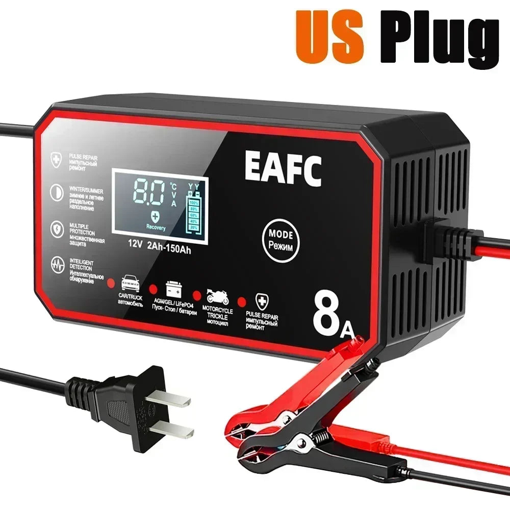 EAFC 8A 12V Car Battery Charger Charger for Motorcycle Lithium LiFePO4 Lead-Acid AGM Gel WET Automatic Pluse Repair Charger