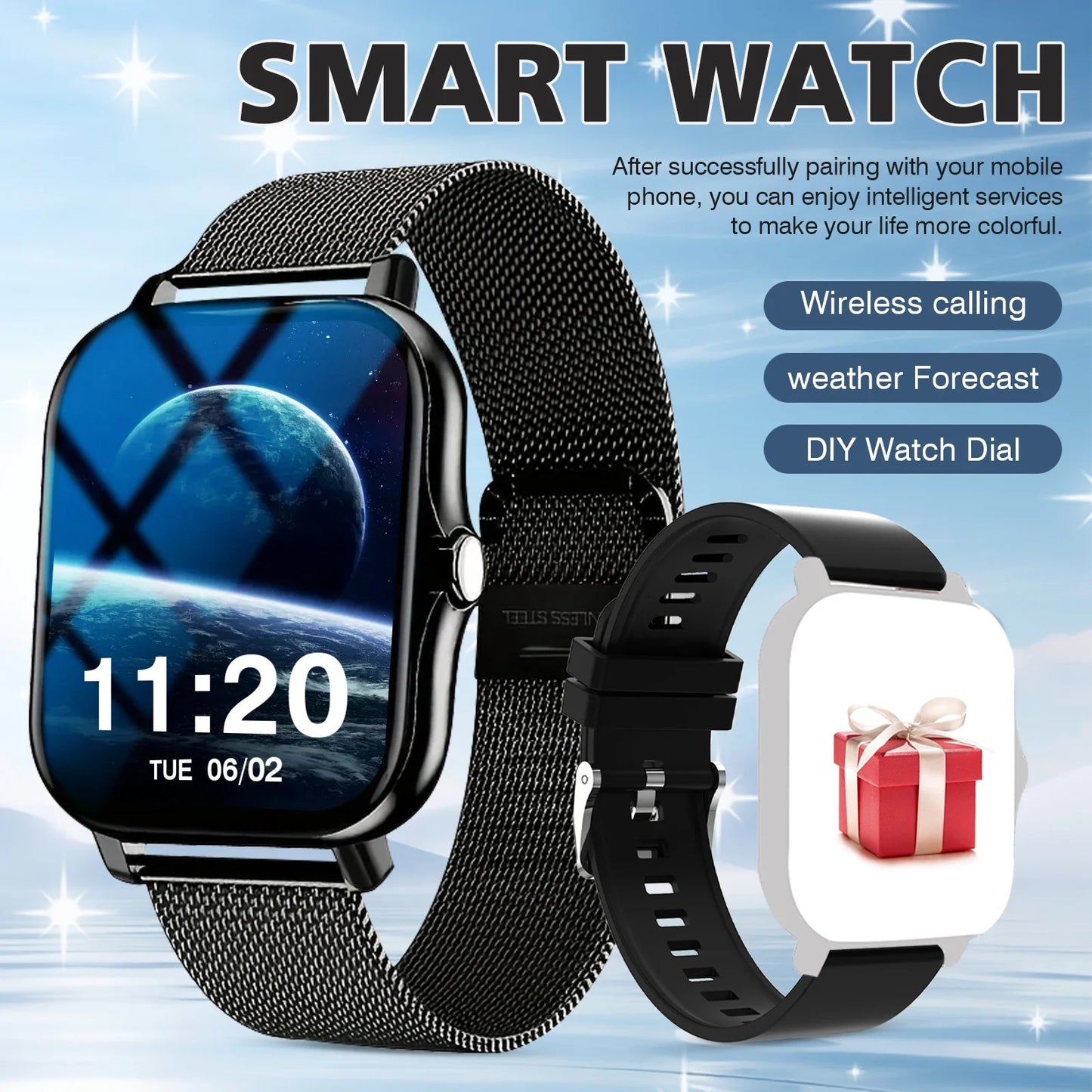 Sports smart watch, fitness activity detector, Bluetooth calling, message reminder view, unisex, suitable for Android and iPhone
