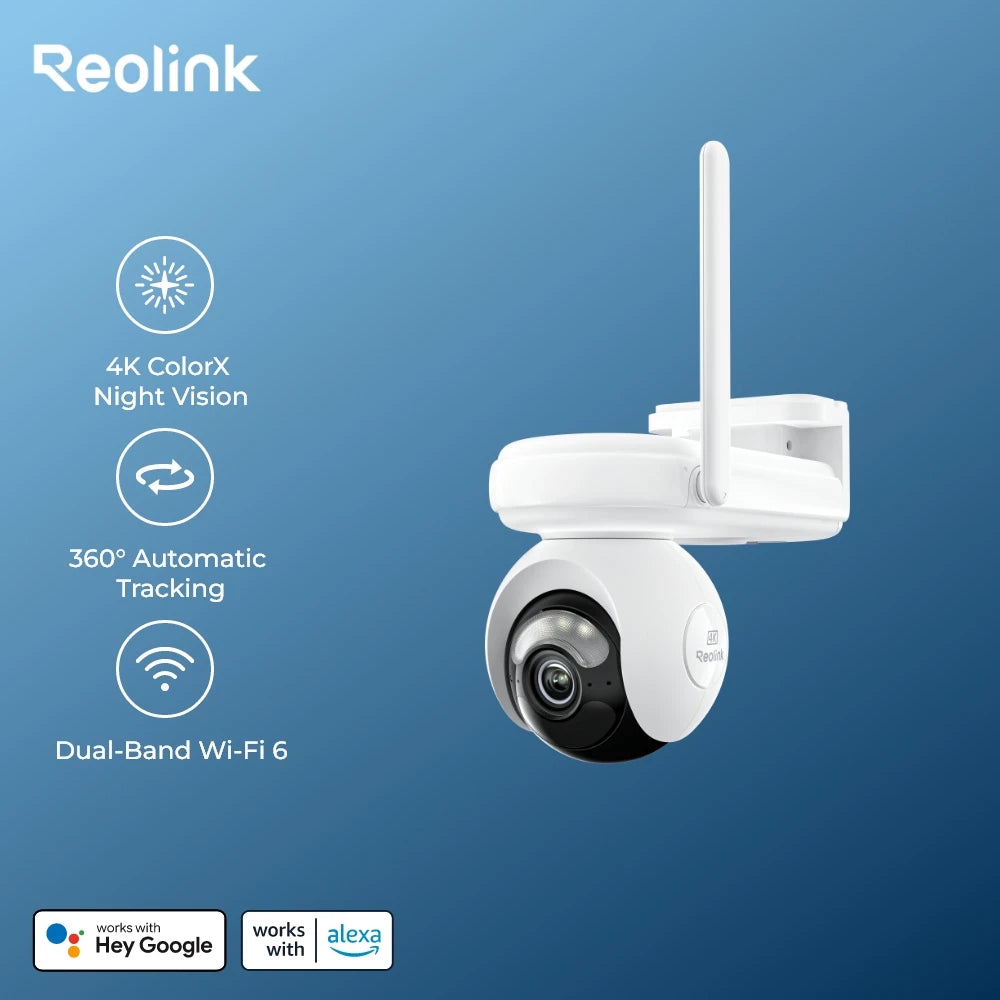 Reolink 4K Solar WiFi Security Camera Long Lasting 360° PT Auto Tracking Wireless ColorX Night Vision Dual-Band WiFi 6 IP Camera