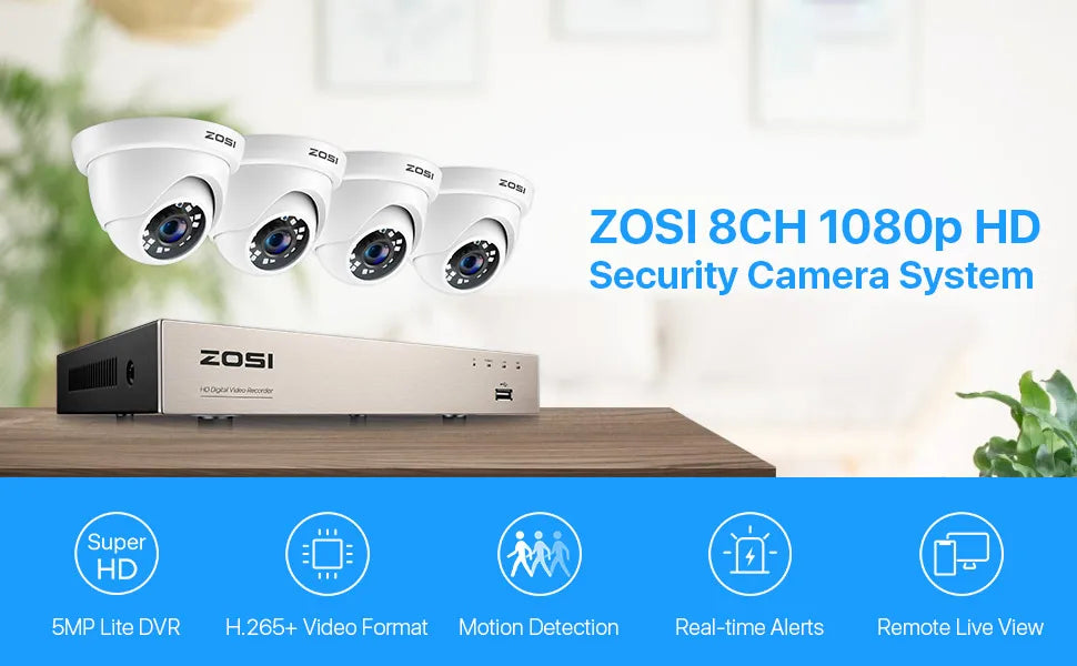 ZOSI 8CH 1080P HD Wired Security Cameras System 5MP Lite 8Channel HD-TVI DVR Recorder 4pcs 2MP Surveillance CCTV Cameras kit