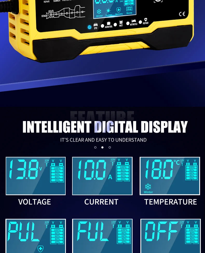 12V-24V 7-stage smart Car Battery-Charger Full Automatic 10A Digital Car Battery Charger  Pulse Repair for AGM GEL WET Lead Acid