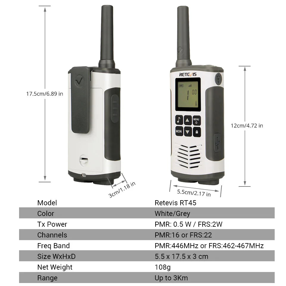 Retevis RT45P IP67 Waterproof Walkie Talkie 2pcs Rechargeable 2-way Radio Receiver PMR446 License Free Type-C for Camping hiking
