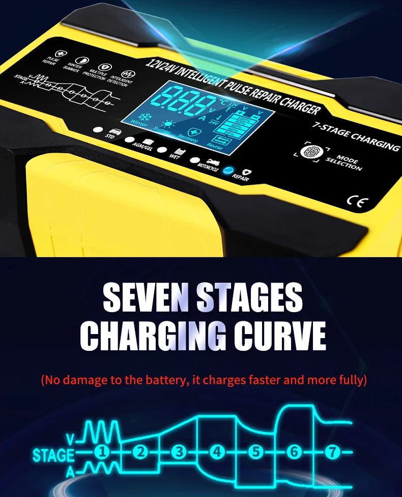 12V-24V 7-stage smart Car Battery-Charger Full Automatic 10A Digital Car Battery Charger  Pulse Repair for AGM GEL WET Lead Acid