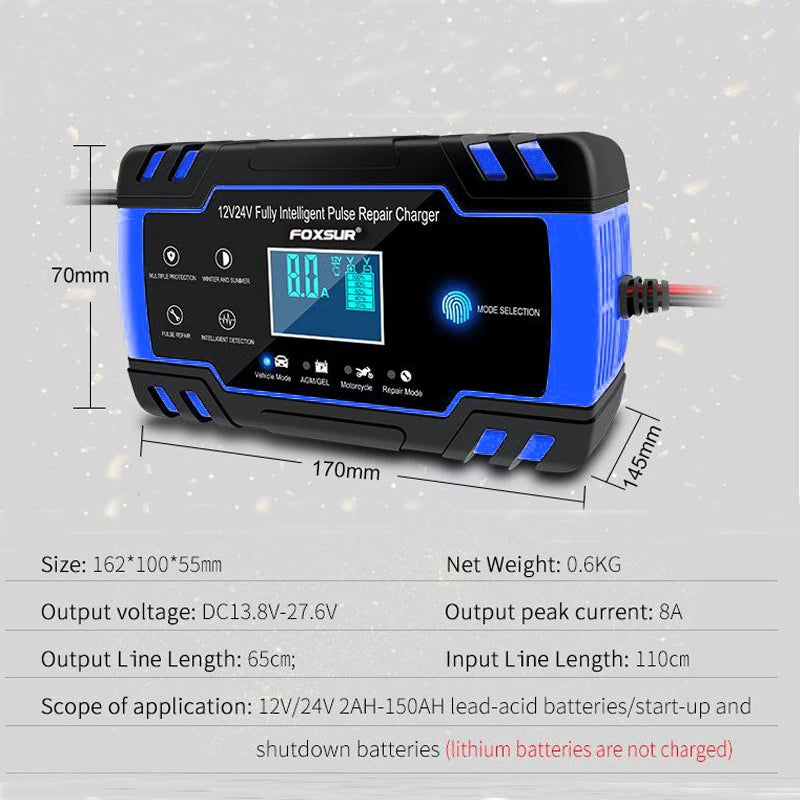 12V-24V 8A Full Automatic Battery-chargers Digital LCD Display Car Battery Chargers Power Puls Repair Chargers Wet Dry Lead Acid
