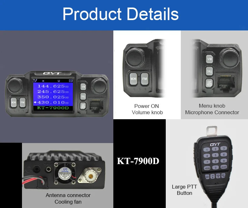 Latest Version Mini Mobile Radio QYT KT-7900D 25W Quad Band 144/220/350/440MHz KT7900D UV transceiver or with Power Supply