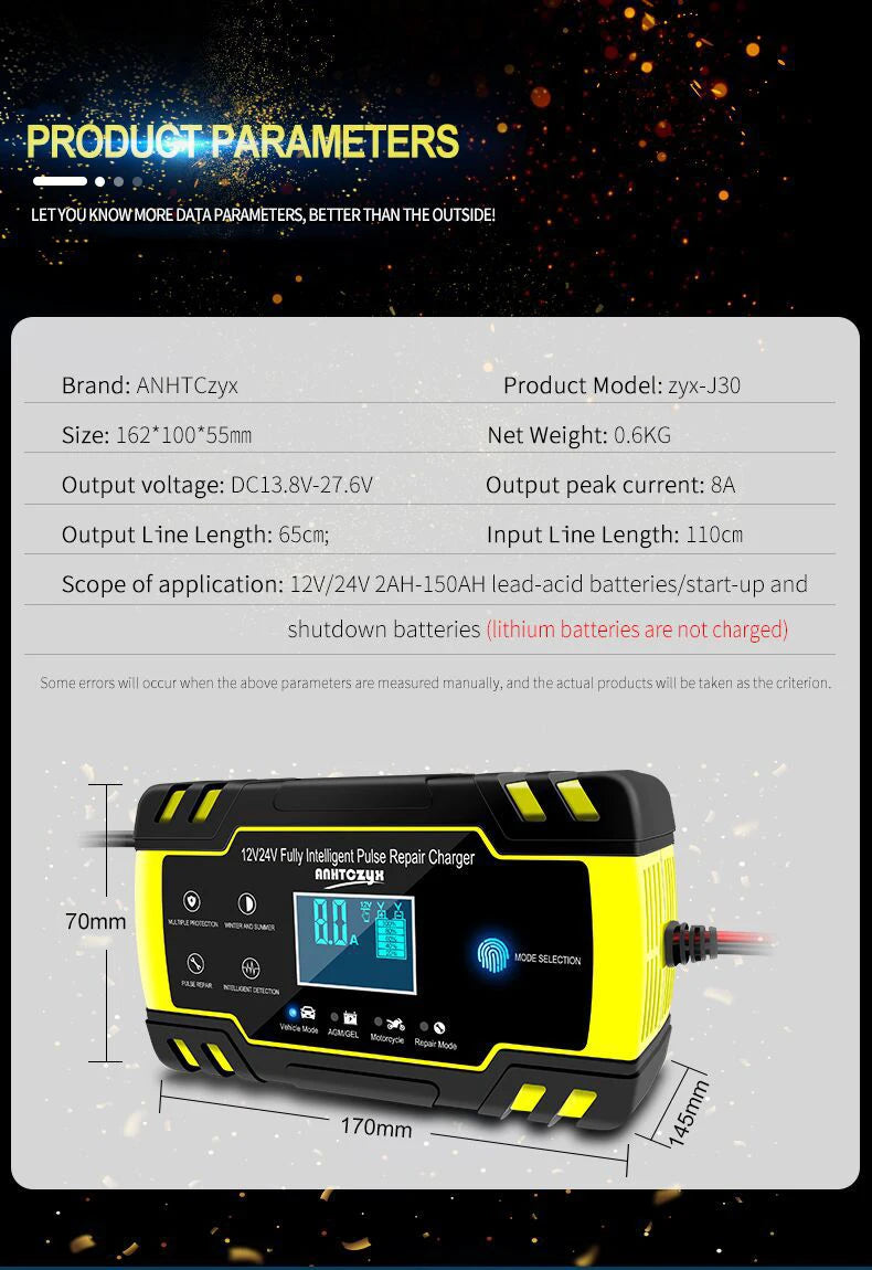 12V-24V 8A Full Automatic Battery-chargers Digital LCD Display Car Battery Chargers Power Puls Repair Chargers Wet Dry Lead Acid