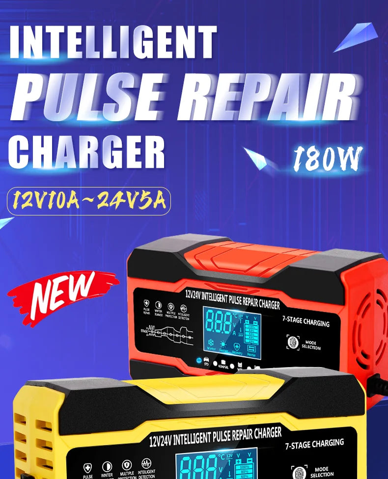 12V-24V 7-stage smart Car Battery-Charger Full Automatic 10A Digital Car Battery Charger  Pulse Repair for AGM GEL WET Lead Acid