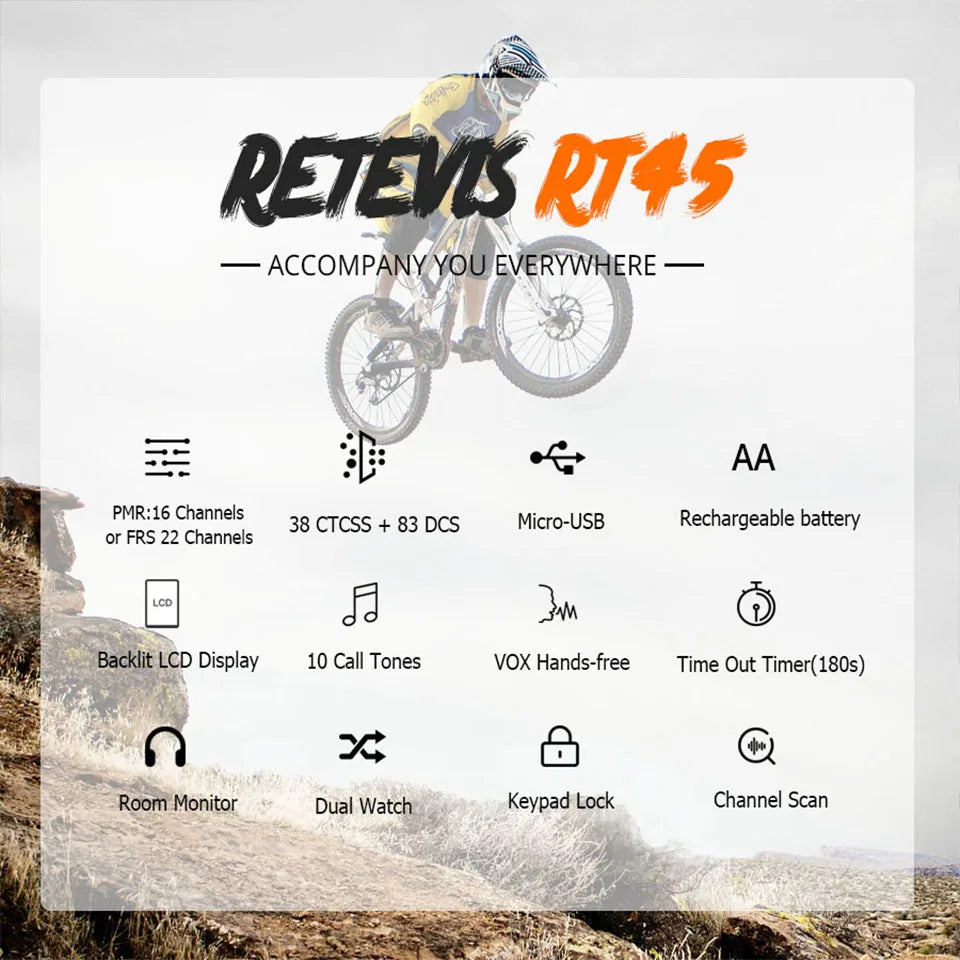 Retevis RT45P IP67 Waterproof Walkie Talkie 2pcs Rechargeable 2-way Radio Receiver PMR446 License Free Type-C for Camping hiking