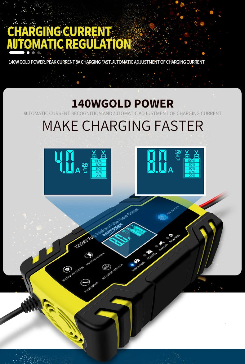 12V-24V 8A Full Automatic Battery-chargers Digital LCD Display Car Battery Chargers Power Puls Repair Chargers Wet Dry Lead Acid