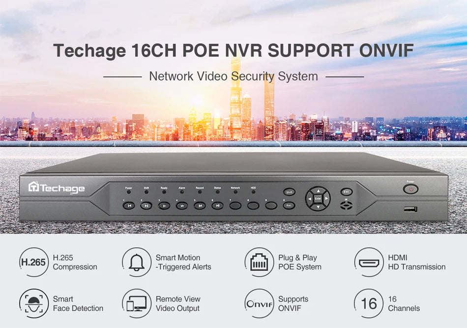 Techage H.265 16CH 4K 8MP 5MP 4MP 2MP POE NVR P2P Remote View Network POE NVR for IP Camera Surveillance CCTV Set Onvif