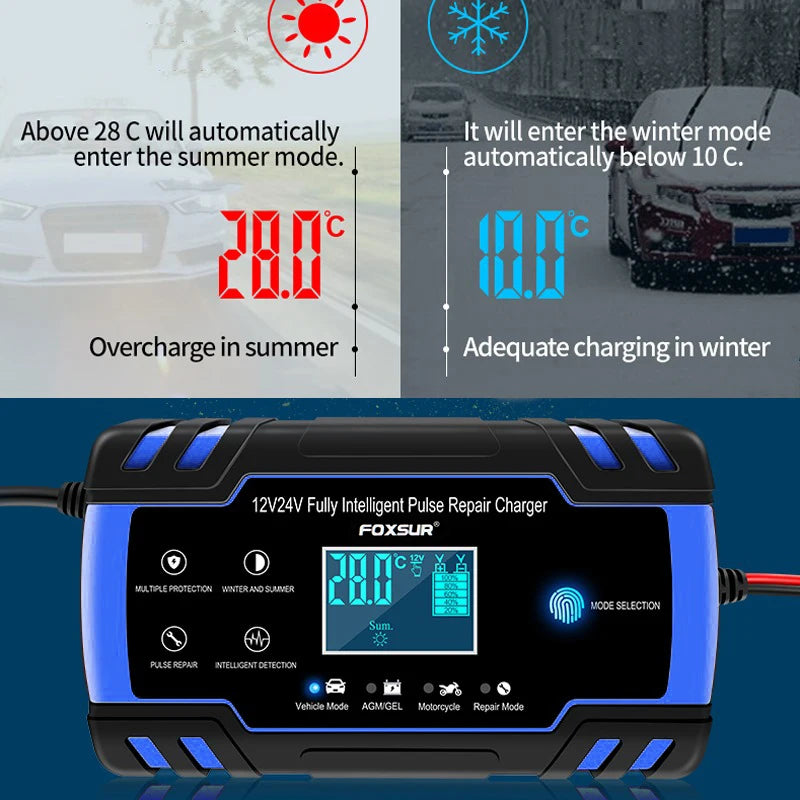 12V-24V 8A Full Automatic Battery-chargers Digital LCD Display Car Battery Chargers Power Puls Repair Chargers Wet Dry Lead Acid