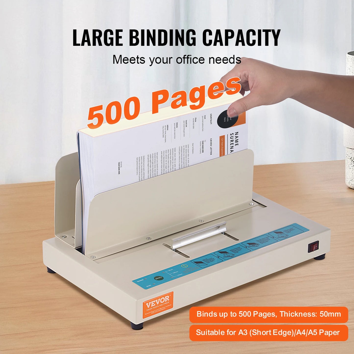 VEVOR Thermal Binding Machine 500 Sheets 50mm Binding Thickness A3(Short Edge)/A4/A5 Document with Infrared Optical Detection