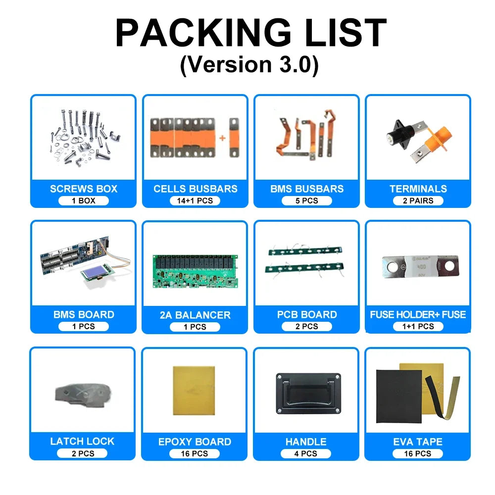 US Stock 3.0 Seplos 51.2V 280AH 310AH 320AH Lifepo4 Battery Kits CAN RS485 BMS 2A Active Balancer DIY Case Home Solar