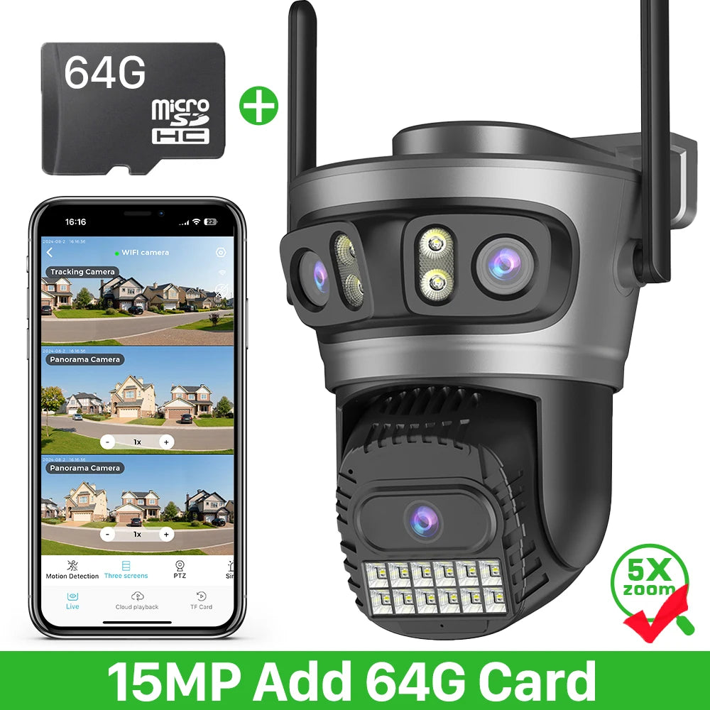 15MP 8K Wifi Camera Outdoor Three Lens Three Screens HD Wifi Security Camera Ai Human Detection PTZ 4K Home Surveillance Camera