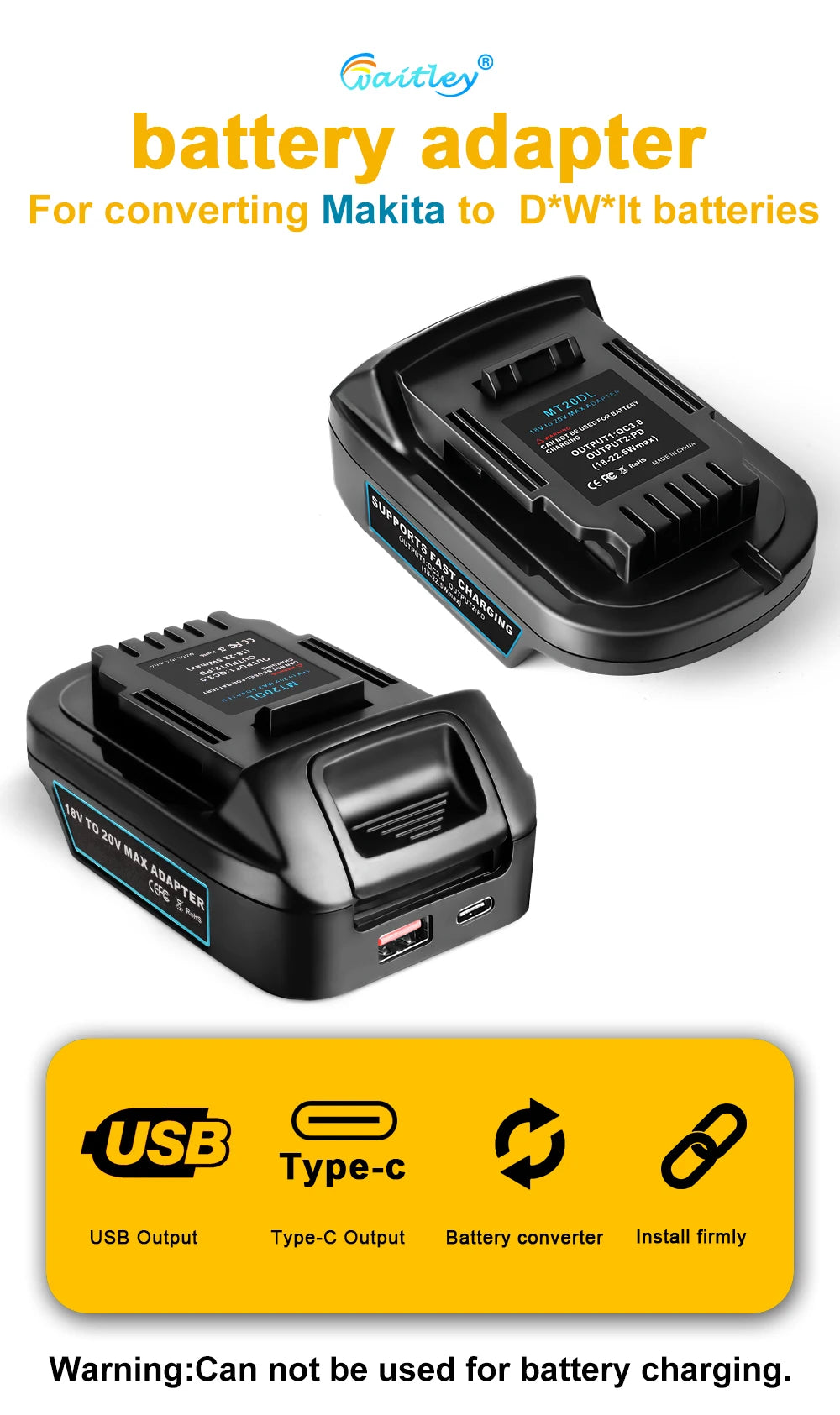 Waitley Battery Adapter for Makita 18V conversion to DEWALT 18V / 20V Batteries Power Tool Accessories Replaces DCB200