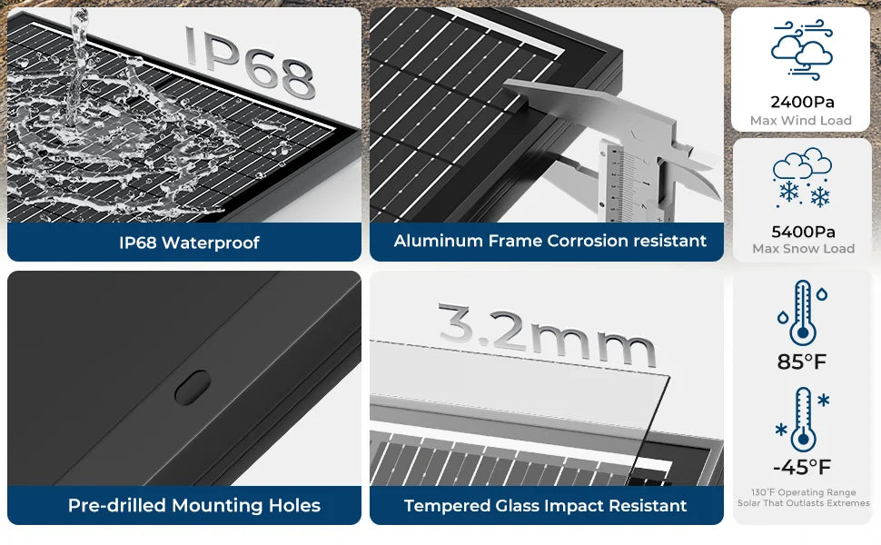 WERCHTAY 100W 12V 12BB Monocrystalline Solar Panel IP67 Waterwoof High-Efficiency & Easy to Install for RV Boat Roof Charging