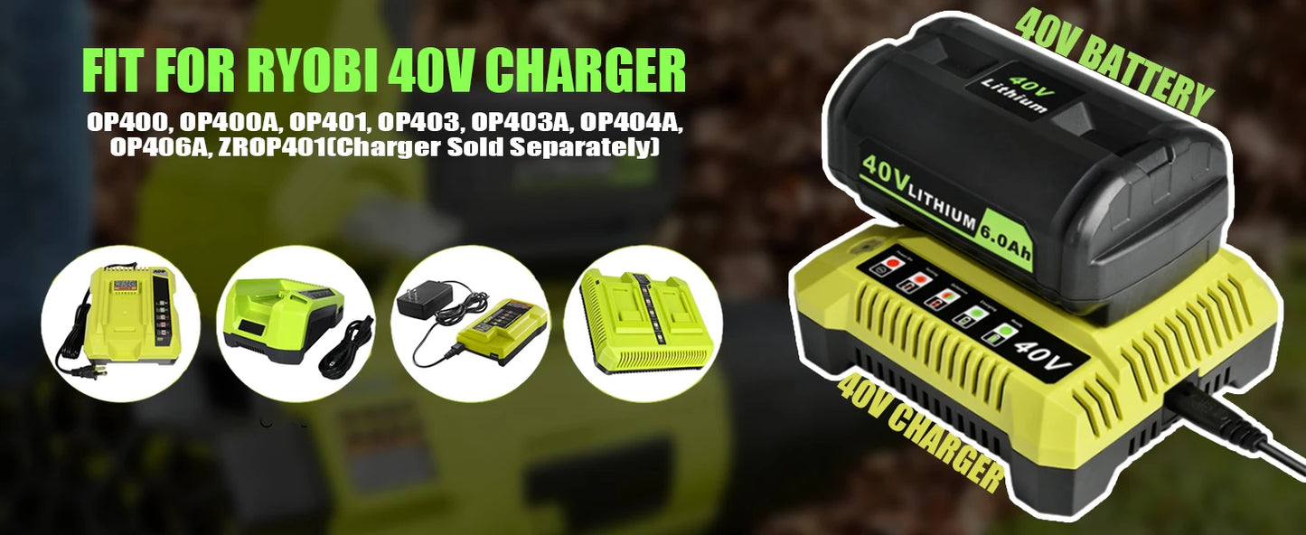 KUNLUN For Ryobi 6.0Ah 40V Li-ion Battery For OP40401 OP4050A OP4050 RY40502 RY40200 Cordless Power Tools Rechargeable Battery