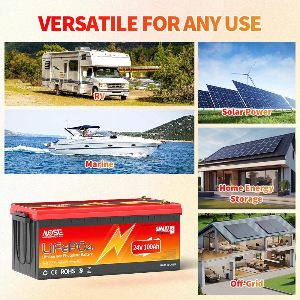 MOSEWORTH 24V 100Ah LiFePO4 Lithium Battery with 100A BMS 8000+ Deep Cycles Rechargeable Batteries for  Campers Trolling Motor