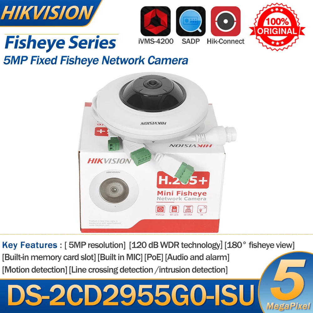 Hikvision 5MP Fisheye IP Camera DS-2CD2955G0-ISU 180° Fisheye View Built-In Mic SD Card Slot Audio and Alarm Video Surveillance