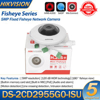 Hikvision 5MP Fisheye IP Camera DS-2CD2955G0-ISU 180° Fisheye View Built-In Mic SD Card Slot Audio and Alarm Video Surveillance