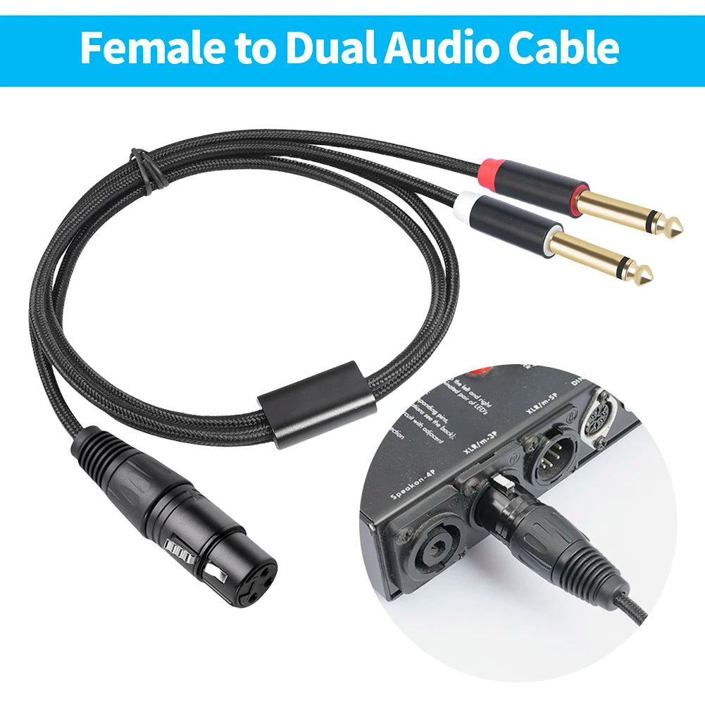 Gold Plated 3 Pin XLR Female To Dual 6.35mm Mono TS Male Cable for Microphone Mixer Amplifier 1 to 3 Meter Options