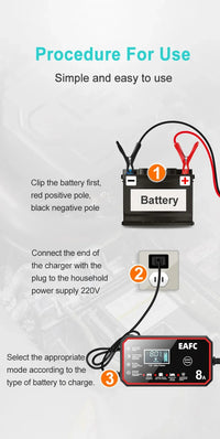 EAFC 8A 12V Car Battery Charger Charger for Motorcycle Lithium LiFePO4 Lead-Acid AGM Gel WET Automatic Pluse Repair Charger