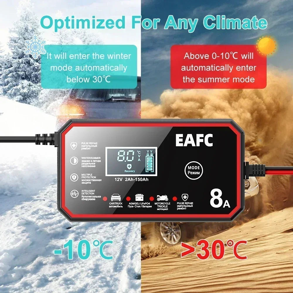 EAFC 8A 12V Car Battery Charger Charger for Motorcycle Lithium LiFePO4 Lead-Acid AGM Gel WET Automatic Pluse Repair Charger
