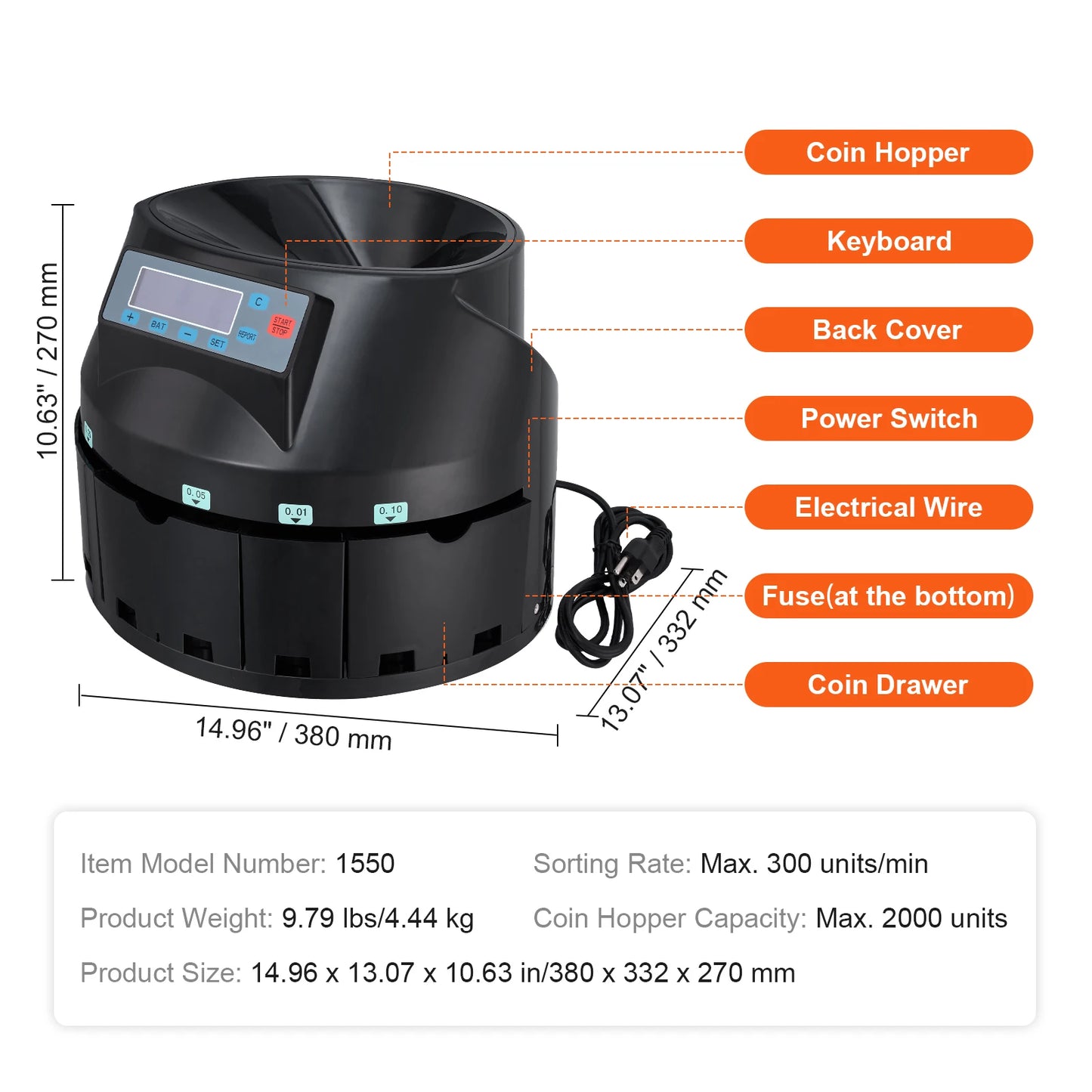 SucceBuy 230/300Coins/Min USD Coin Sorter Counter Professional Electric Automatic Machine LED Display for School Shop Bank Black
