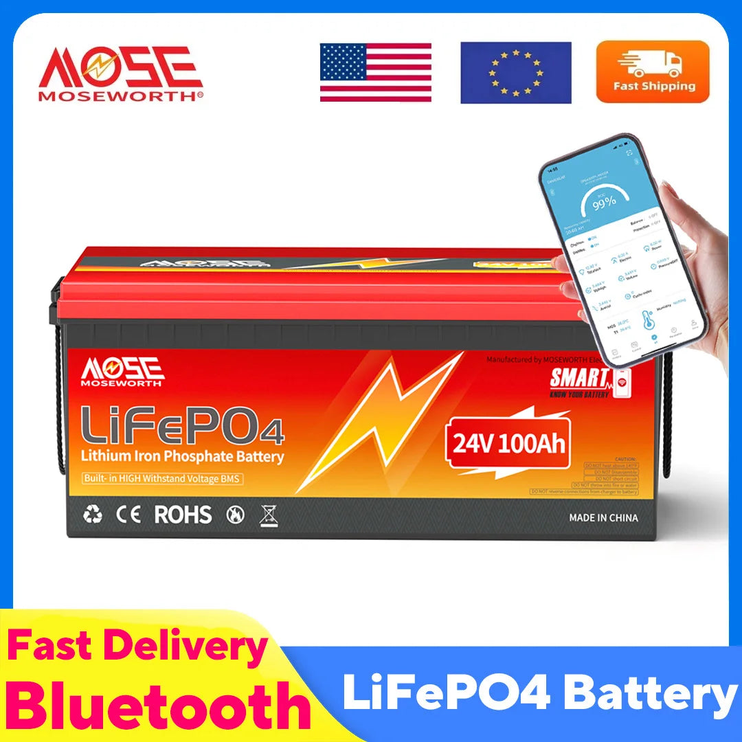 MOSEWORTH 24V 100Ah LiFePO4 Lithium Battery with 100A BMS 8000+ Deep Cycles Rechargeable Batteries for  Campers Trolling Motor