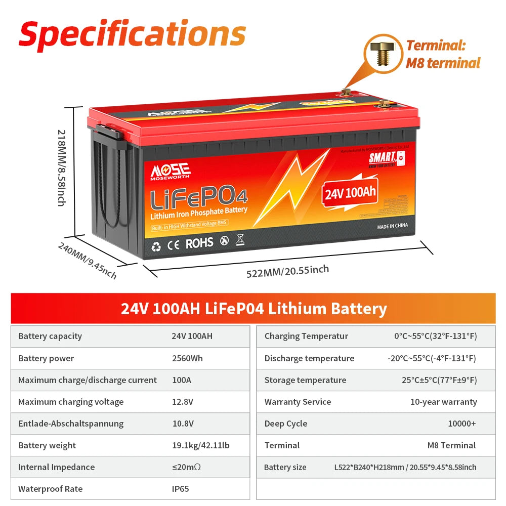 MOSEWORTH 24V 100Ah LiFePO4 Lithium Battery with 100A BMS 8000+ Deep Cycles Rechargeable Batteries for  Campers Trolling Motor