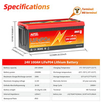 MOSEWORTH 24V 100Ah LiFePO4 Lithium Battery with 100A BMS 8000+ Deep Cycles Rechargeable Batteries for  Campers Trolling Motor