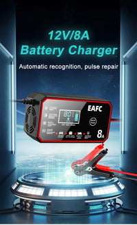 EAFC 8A 12V Car Battery Charger Charger for Motorcycle Lithium LiFePO4 Lead-Acid AGM Gel WET Automatic Pluse Repair Charger
