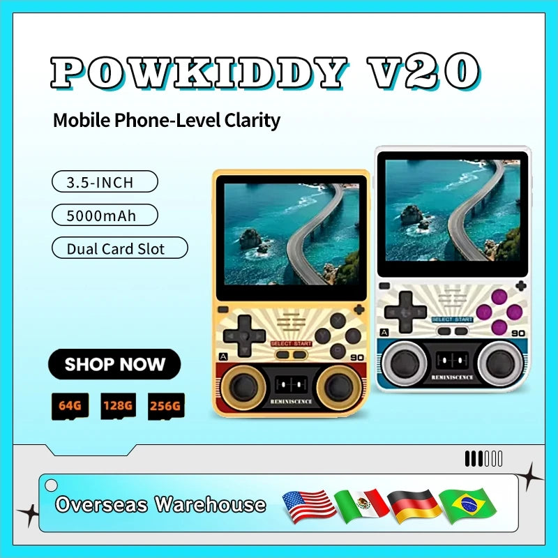 POWKIDDY V20 Retro Video Handheld Game Console 3.5-Inch IPS HD Screen Dual Card slot 5000mAh Lithium Battery Retro Game Stickers