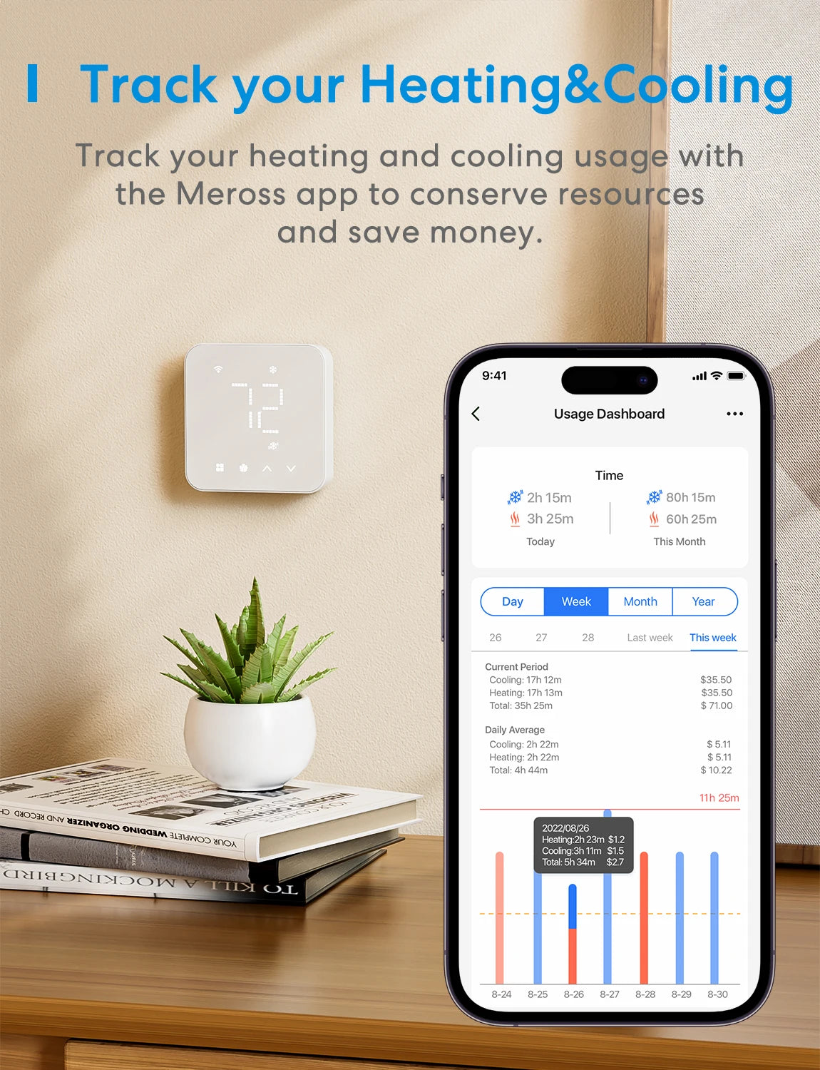 Meross 2025 NEW Matter Smart US 24V Wi-Fi Thermostat Compatible Heating and Cooling Systems Shipping from US