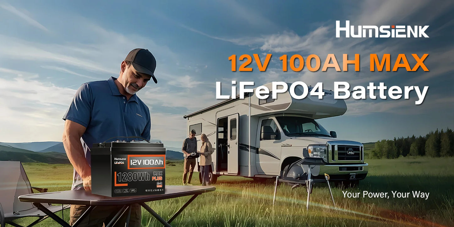 Humsienk LiFePO4 Lithium Battery 12V 100AH MAX With 100A BMS Protect Portable For Vans, RV, Golf Cart, Touring Car, Marine, etc