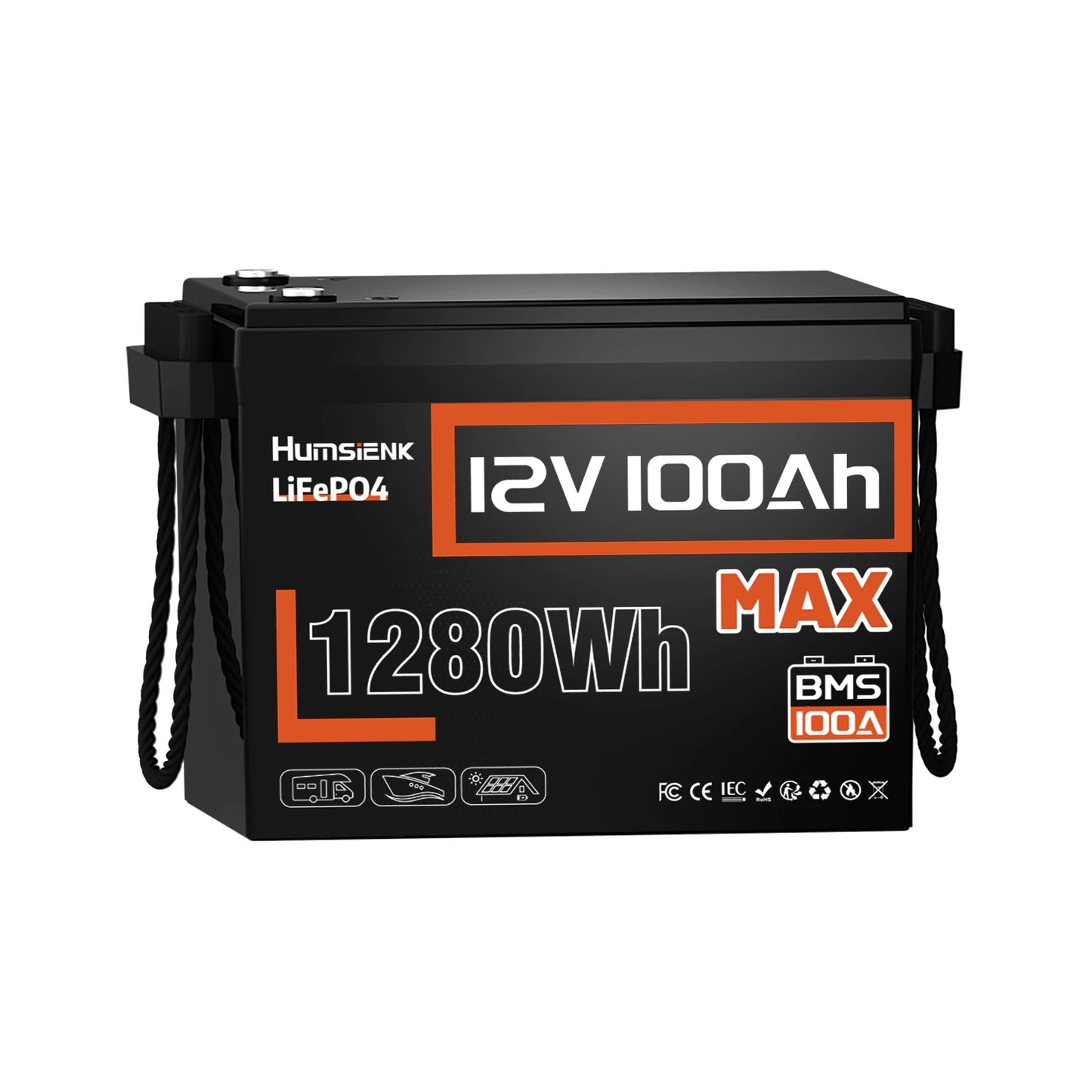 Humsienk LiFePO4 Lithium Battery 12V 100AH MAX With 100A BMS Protect Portable For Vans, RV, Golf Cart, Touring Car, Marine, etc