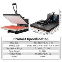 SucceBuy Heat Press Machine 15" x 15" /16" x 20" /16" x 24" Sublimation Printer Manual Clamshell Transfer on DIY T-shirt Pillow