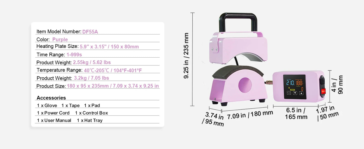 SucceBuy Hat Press Machine Mini Hat Heat Press for Caps Cap Heat Press Machine Safety Base and Glove Automatic Shut-Off Purple