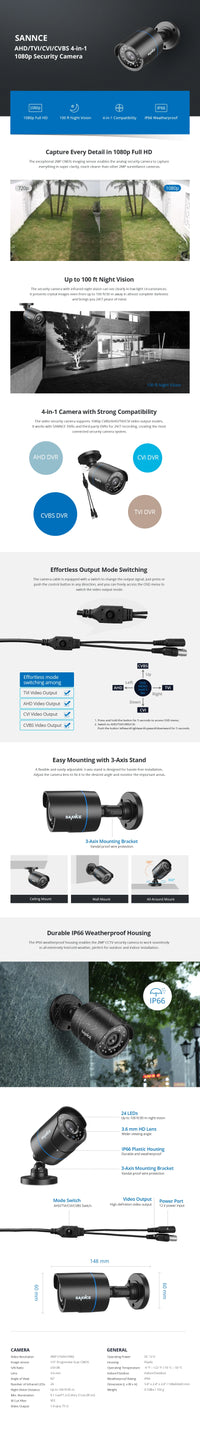 SANNCE 1080P Outdoor Bullet Home CCTV Security Camera 100ft IR Night Vision Weatherproof Cameras 2MP CCTV Surveillance