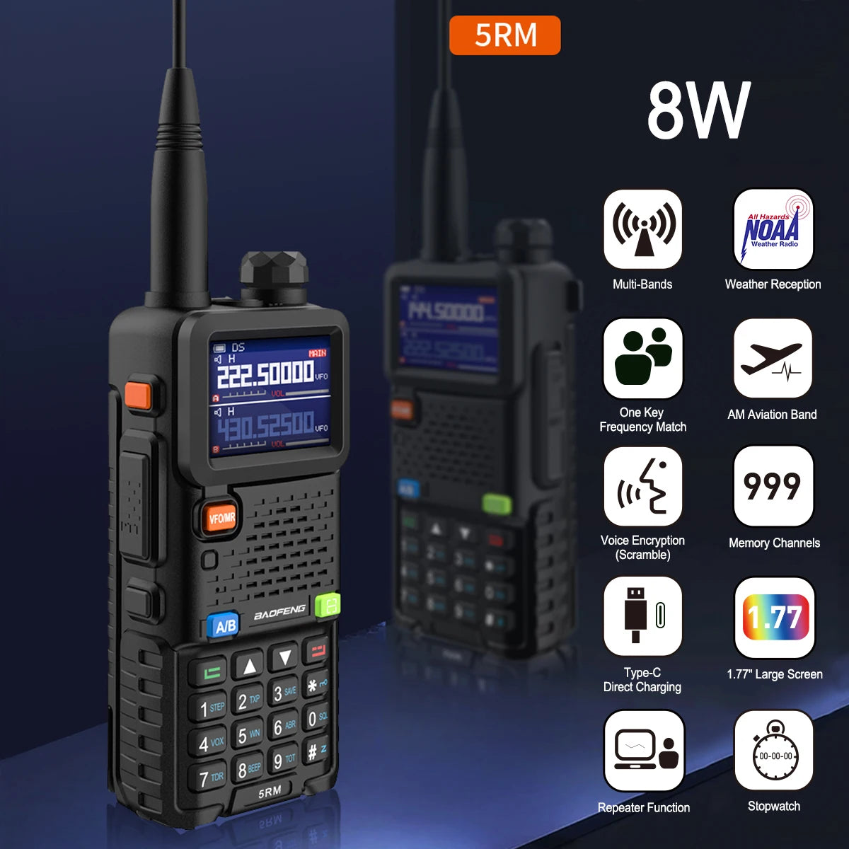 Baofeng 5RM 8W Ham Radio 136-174/220-260/400-520MHz 6-Band Two Way Radio NOAA Weather Receiver One Key Frequency Match UV-5RH