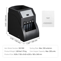 SucceBuy 230/300Coins/Min USD Coin Sorter Counter Professional Electric Automatic Machine LED Display for School Shop Bank Black