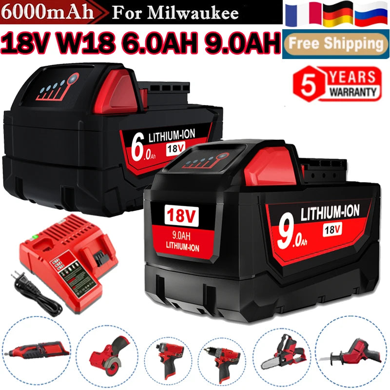 For Milwaukee 18V  M18 lithium 6.0Ah/9.0Ah XC Lithium Battery 48-11-1860 48-11-1850 48-11-1840 48-11-1820 Charger rechargeable P