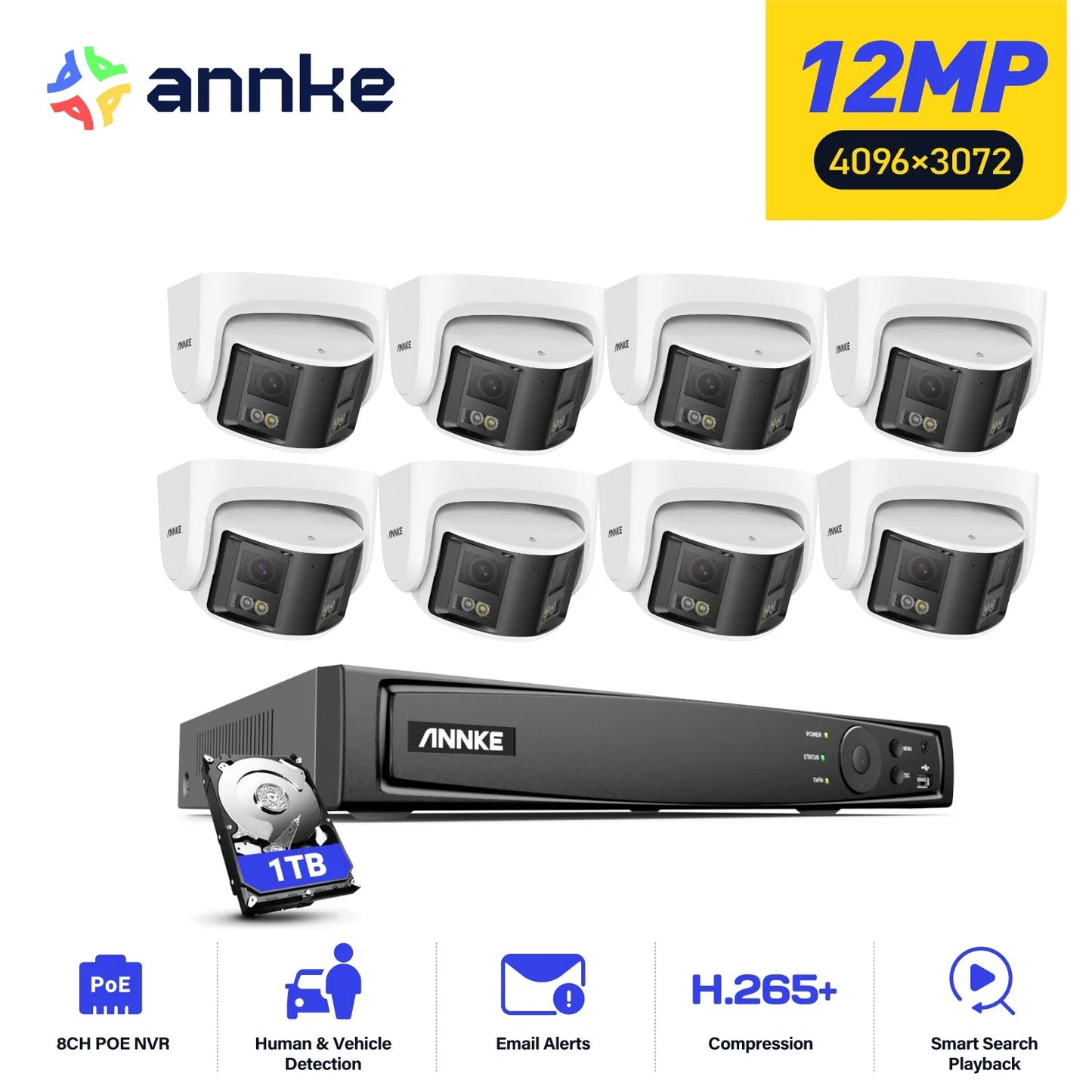 ANNKE 8MP 180°Panoramic Security Camera System POE Protection Dual Lens Camera Two Way Audio 8CH NVR Video CCTV Surveillance Kit