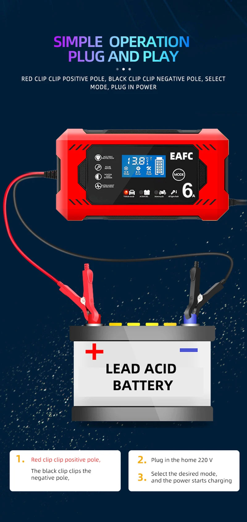 Large Screen Car Battery Charger 6A 12V Car and Motorcycle Battery Charging Device Lead-acid Battery Smart Repair LCD Display