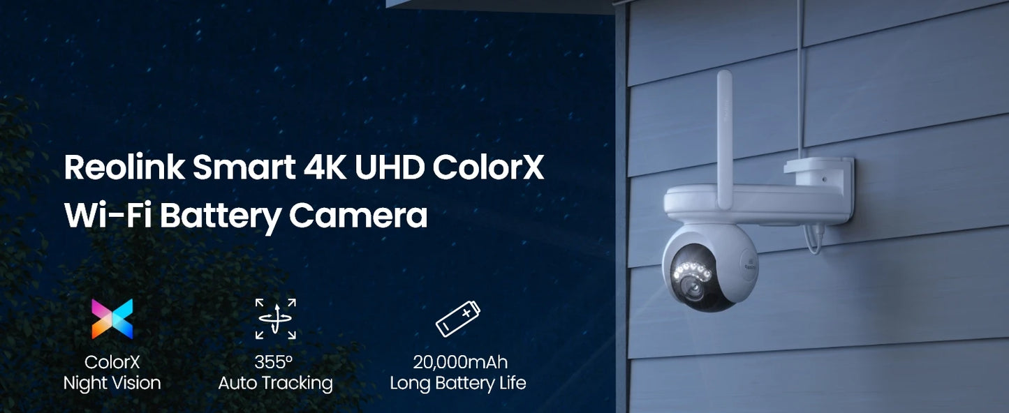 Reolink 4K Solar WiFi Security Camera Long Lasting 360° PT Auto Tracking Wireless ColorX Night Vision Dual-Band WiFi 6 IP Camera